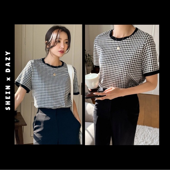 dazy • black & white plaid checkered short sleeve top - Picture 4 of 14